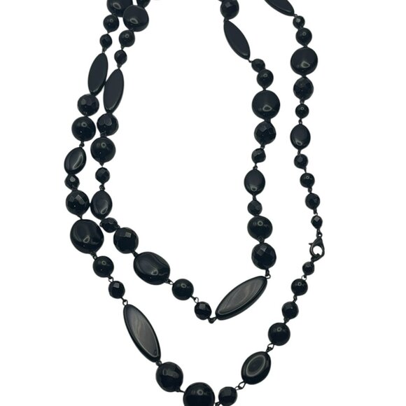 **Black Multifaceted Beaded Orb Long Statement Necklace 48” - Picture 2 of 3